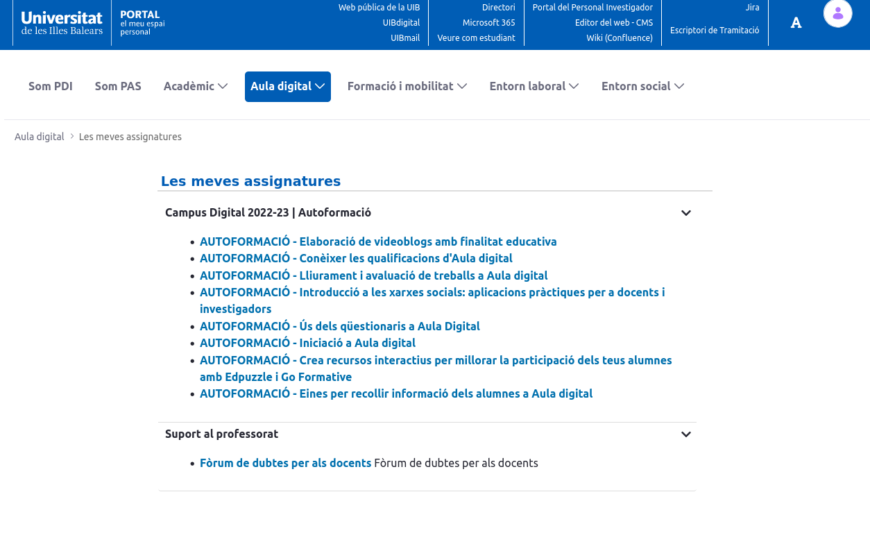Imagen que contiene texto, captura de pantalla del portal, secciones Aula digital y Les meves assignatures.