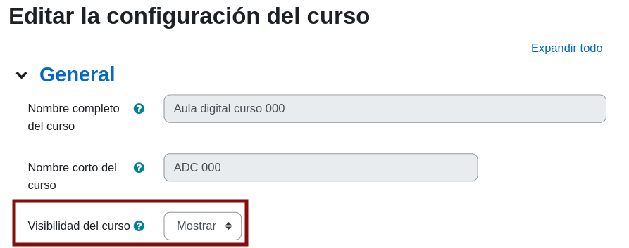 Imagen captura de pantalla que contiene texto y el apartado Editar la configuración del curso
