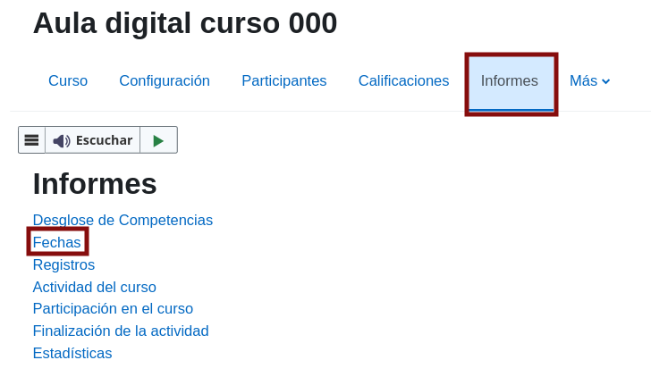 Imagen captura de pantalla que muestra el menú para acceder a Fechas.