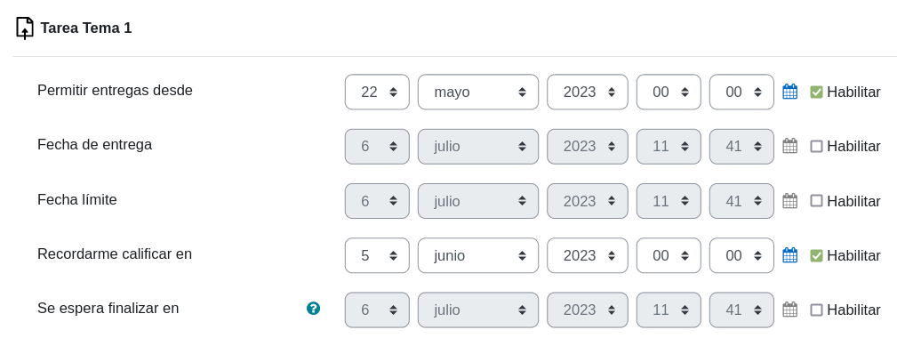 Imagen ejemplo de fechas de una tarea.